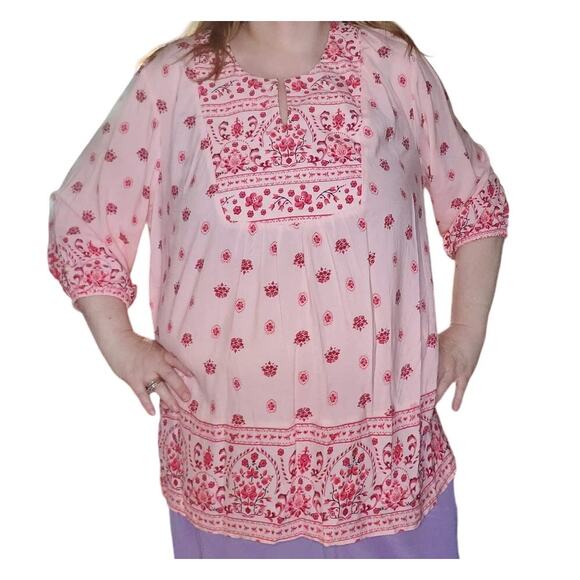 NEW WOMAN WITHIN Size 22/24 Pink Floral Tunic Top 3/4 Elastic Sleeves Boho - Picture 1 of 9